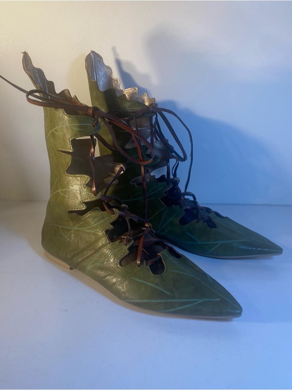 Vintage Lace Up Pixie Fairy Boots Costume Cosplay Forest Leaves Shoes Size 42